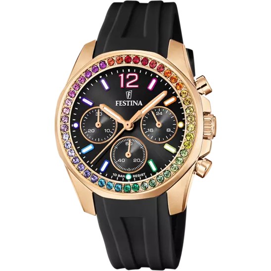 Montre Festina rainbow F20611/3 Noir, Bracelet Caoutchouc, Femme
