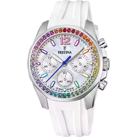 Montre Festina rainbow F20610/2 Blanc, Bracelet Caoutchouc, Femme