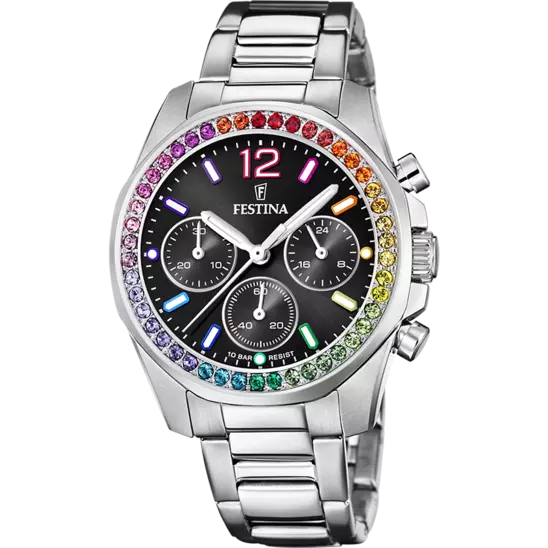 ساعة فيستينا rainbow F20606/3 أسود، سوار فولاذ، نسائي
